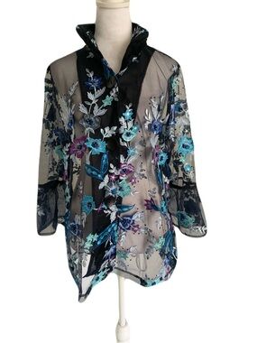 Damee Medium Black Blue Purple Sheer Floral Embroidered Jacket Beaded Sequin